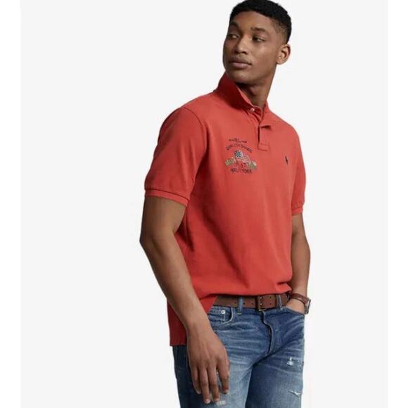 Polo Ralph Lauren Classic Fit Flag Mesh Polo Shirt Evening Post, Red Orange XL - Picture 2 of 7